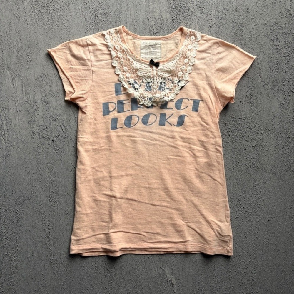 Go To Hollywood T Shirt 150CM Large Peach Y2K Lace Japan Denim Dungaree Baby Tee